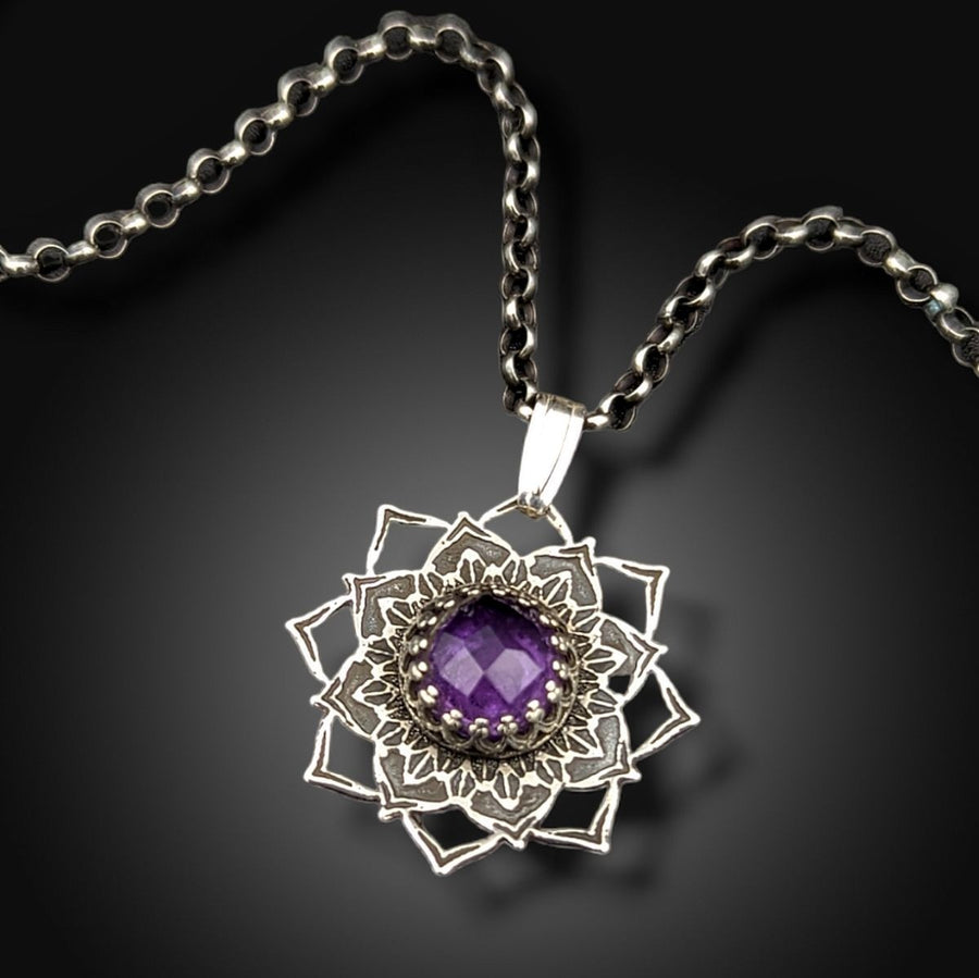 sterling silver flower mandala necklace with amethyst