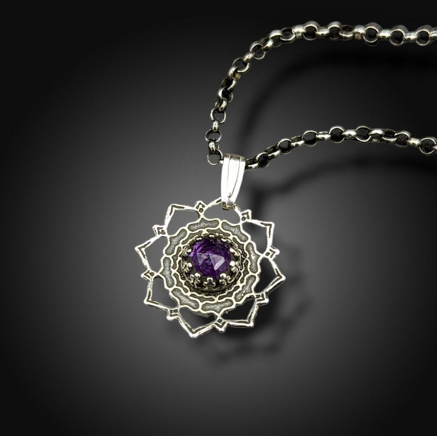 sterling silver flower mandala necklace with amethyst
