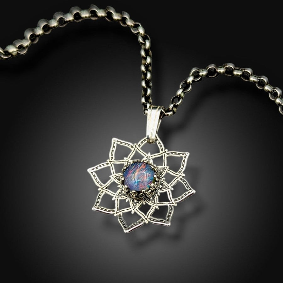sterling silver flower mandala necklace with australian opal