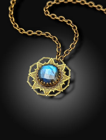 brass flower mandala necklace with Labradorite