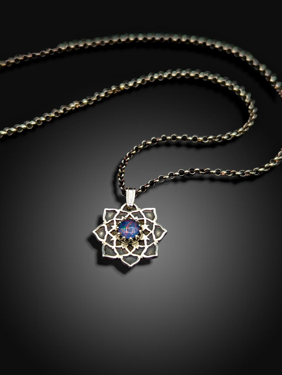 MAGICALLY BEAUTIFUL COLOR SPECTRUM OPAL! sterling silver flower mandala necklace