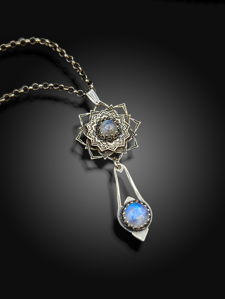 sterling silver flower mandala necklace with moonstone