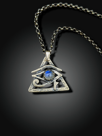 sterling silver eye of ra necklace with rainbow moonstone