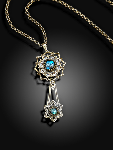 POWERFUL AND RADIANT BLUE FLASH LABRADORITE sterling silver flower mandala necklace