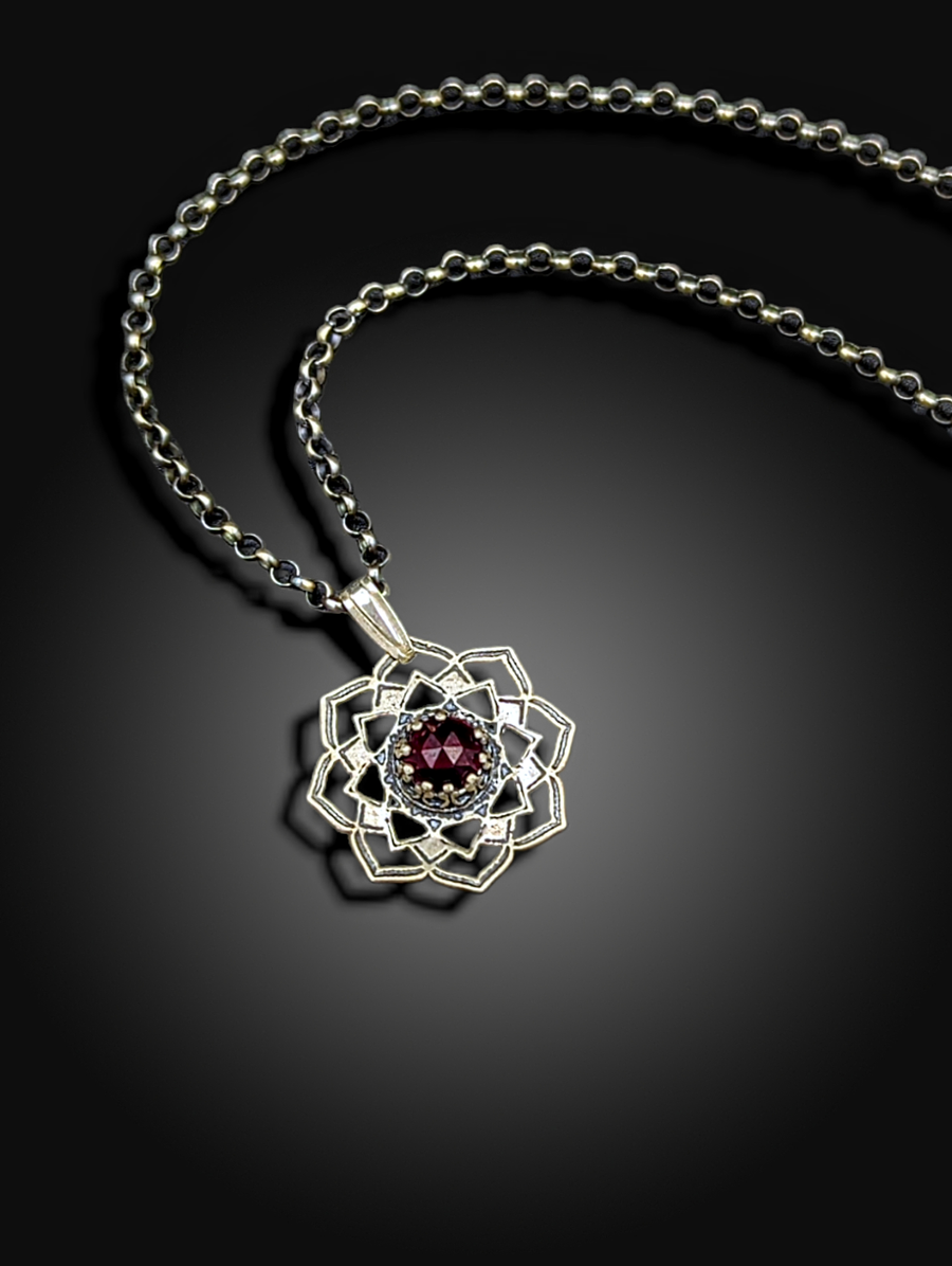 sterling silver flower mandala necklace with garnet