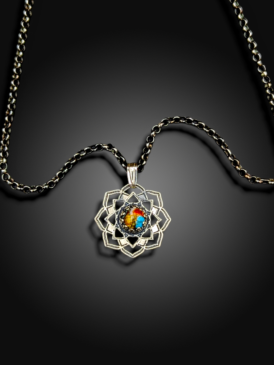 sterling silver flower mandala necklace with mojave turquoise