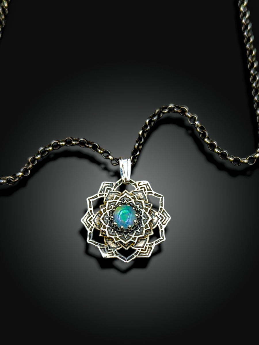 INSANE COLOR IN THIS OPAL! sterling silver flower mandala necklace