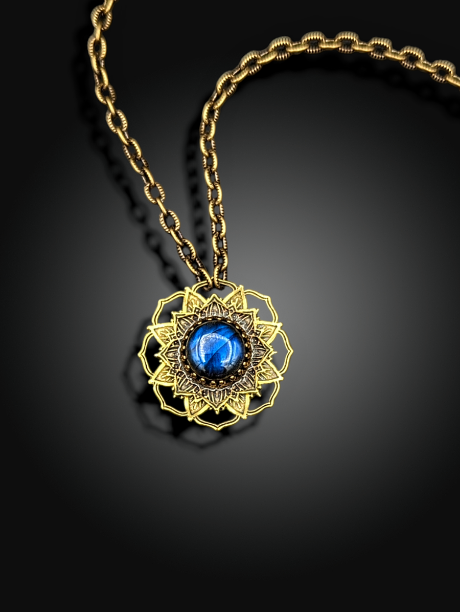 brass flower mandala necklace with Labradorite