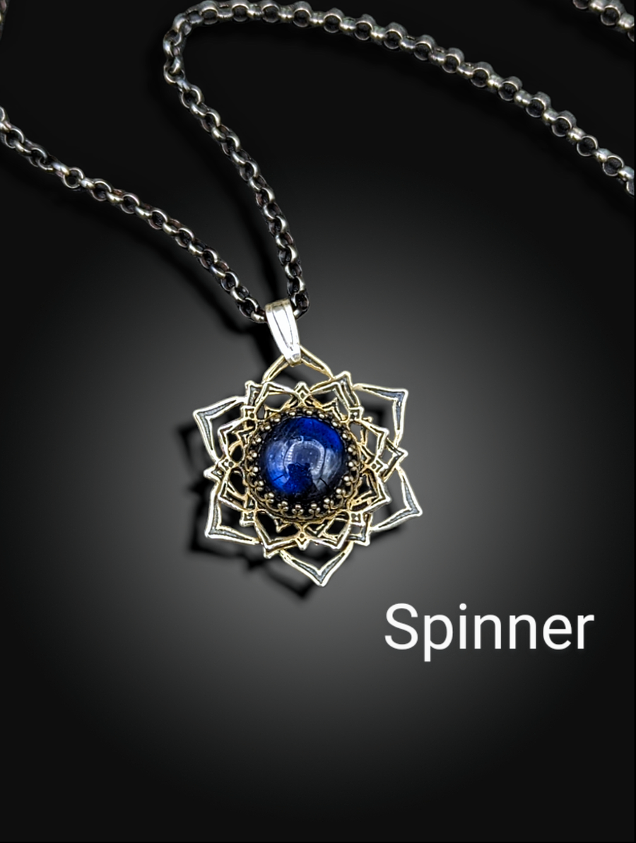 POWERFUL DEEP BLUE FLASH LABRADORITE! spinning sterling mandala necklace