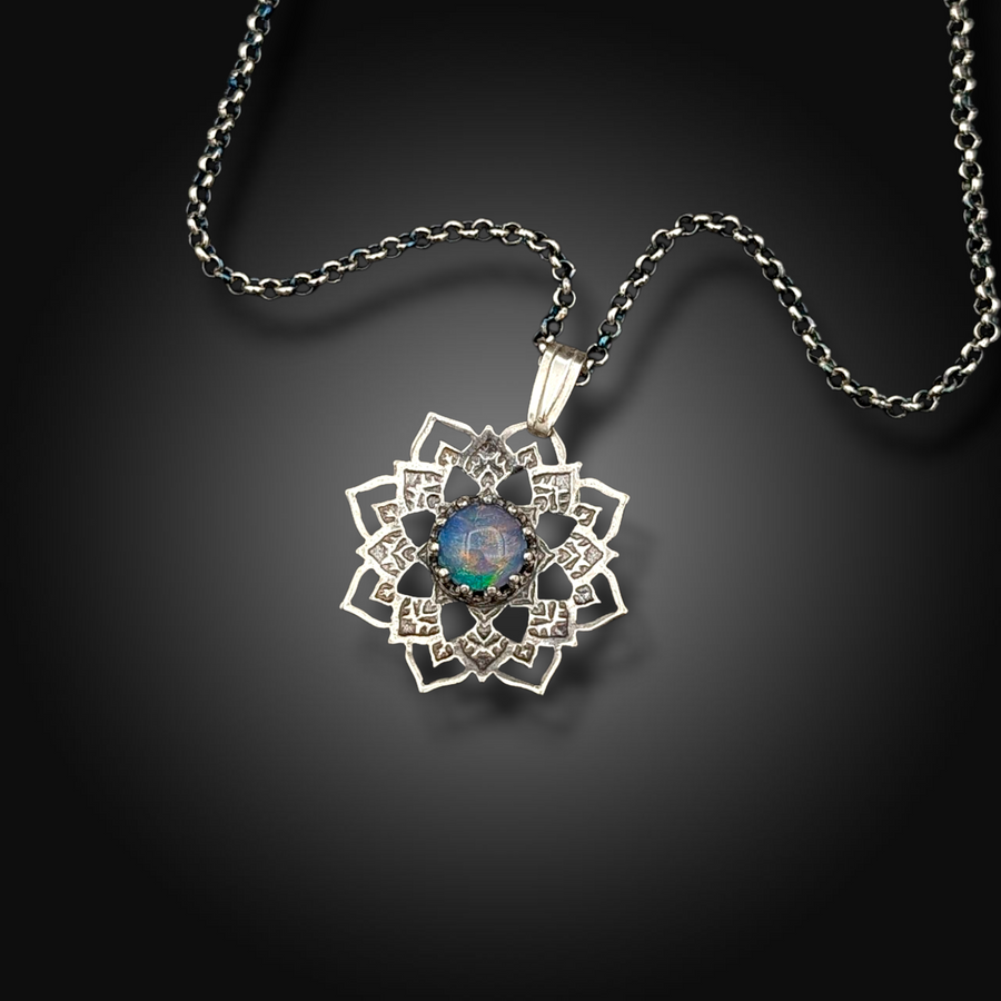 WAKING DREAM: Hand-Etched Sterling Silver Necklace with Australian Opal