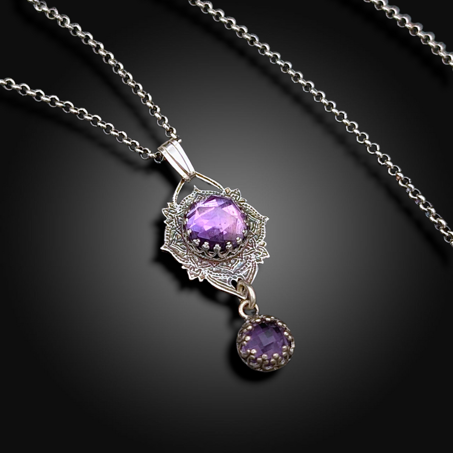 QUEEN'S SHADOW: Hand-Etched Sterling Silver Necklace with African Amethyst