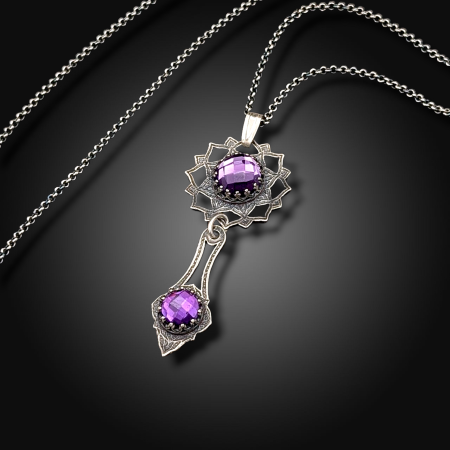 CROWN OF PETALS: Hand-Etched Sterling Silver Necklace with African Amethyst