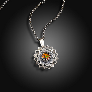SOLAR PULSE: Hand-Etched Sterling Silver Necklace with Mexican Fire Opal