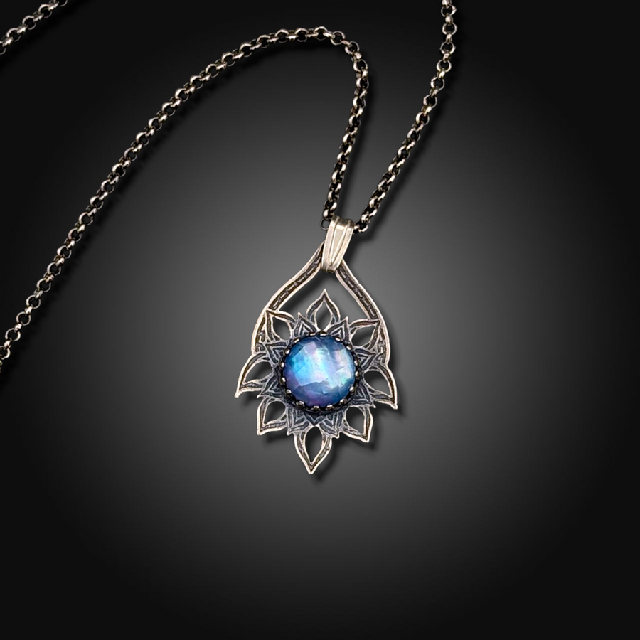 SEA LOTUS: Hand-Etched Sterling Silver Necklace with Mother of Pearl