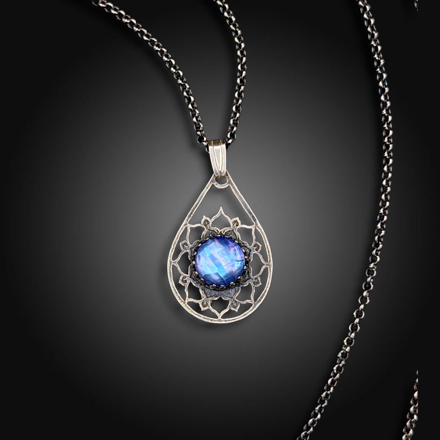 MOONPETAL: Hand-Etched Sterling Silver Necklace with Mother of Pearl