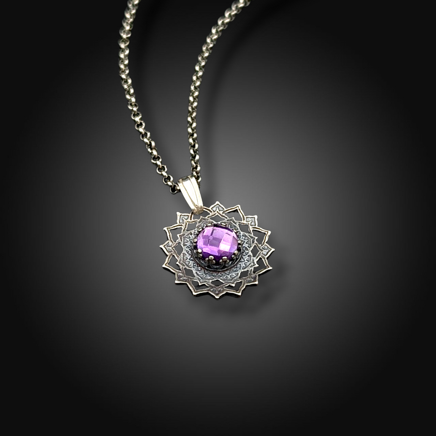 VIOLET BLOOM: Hand-Etched Sterling Silver Necklace with African Amethyst