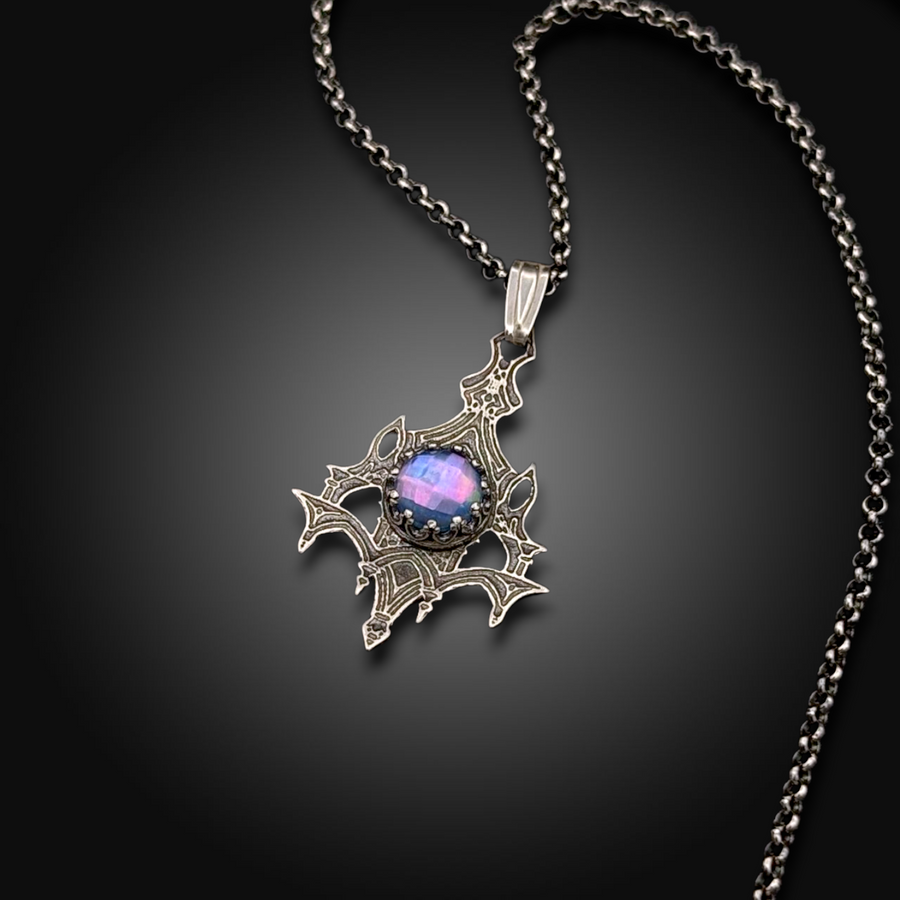 NIGHTSPIRE: Hand-Etched Sterling Silver Necklace with Mother of Pearl