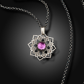 WILD ROSE: Hand-Etched Sterling Silver Necklace with Pink Sapphire