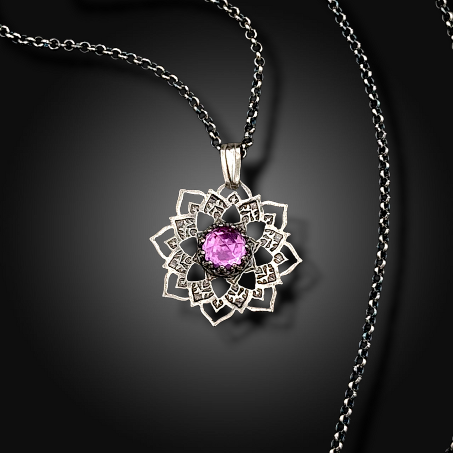 WILD ROSE: Hand-Etched Sterling Silver Necklace with Pink Sapphire