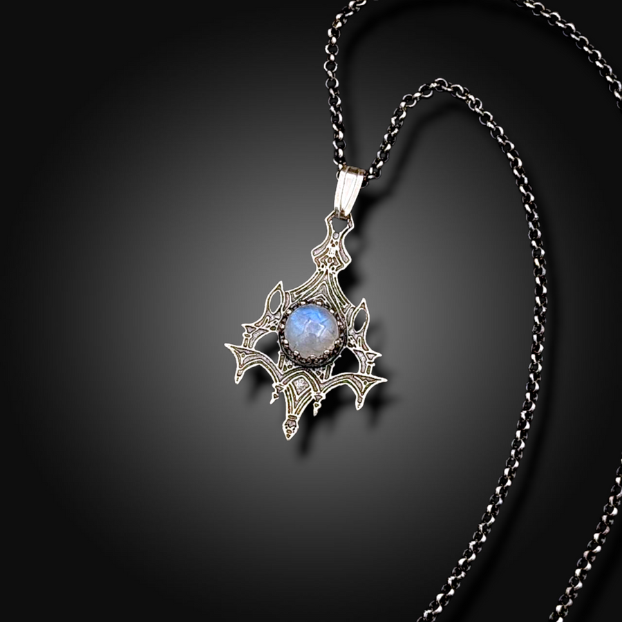 SANCTUARY: Hand-Etched Sterling Silver Necklace with Rainbow Moonstone