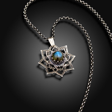 TWILIGHT AXIS: Hand-Etched Spinning Mandala Necklace with Labradorite
