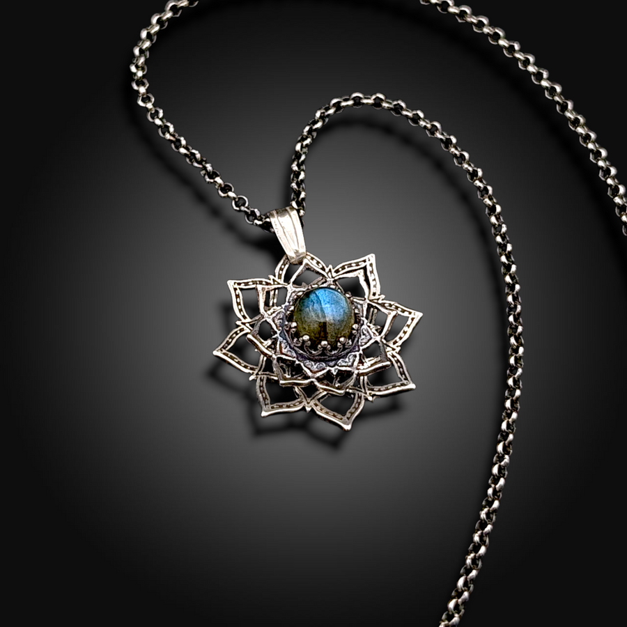 TWILIGHT AXIS: Hand-Etched Spinning Mandala Necklace with Labradorite