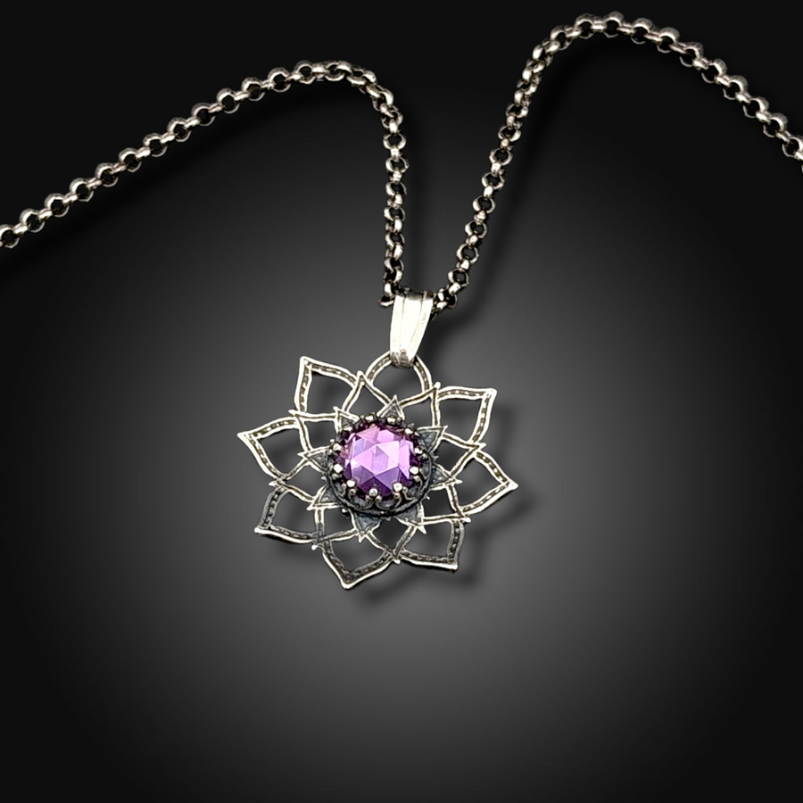 NOCTURNE ROSE: Hand-Etched Sterling Silver Necklace with Alexandrite