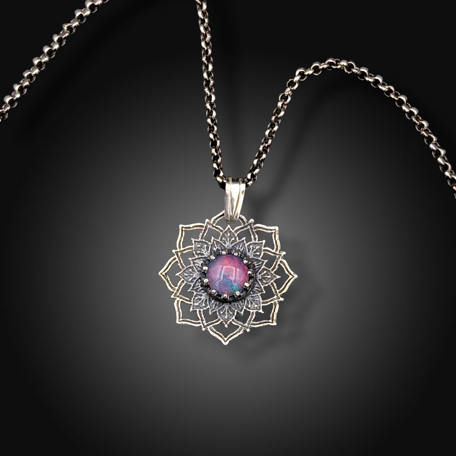 ASH & AURA: Hand-Etched Sterling Silver Necklace with Australian Opal