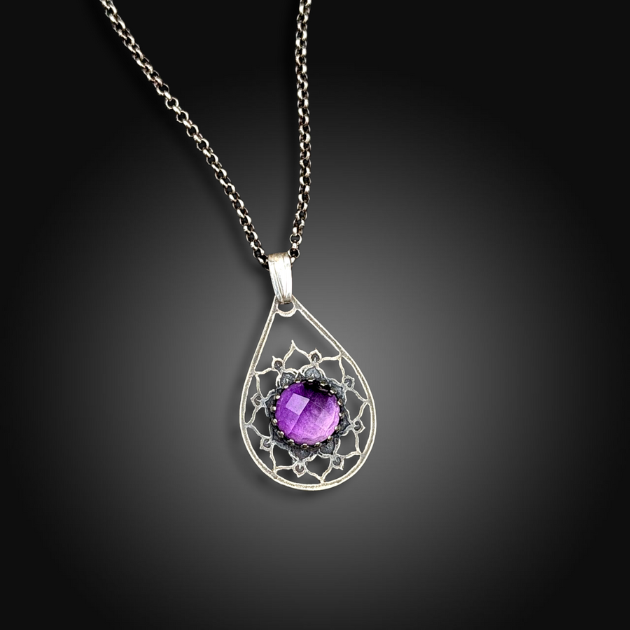 VIOLET EMBER: Hand-Etched Sterling Silver Necklace with African Amethyst