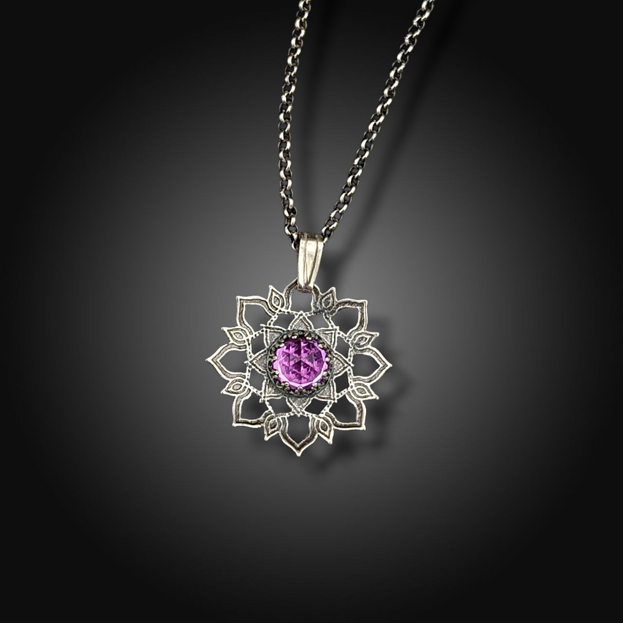 TWILIGHT ROSE: Hand-Etched Sterling Silver Necklace with Pink Sapphire