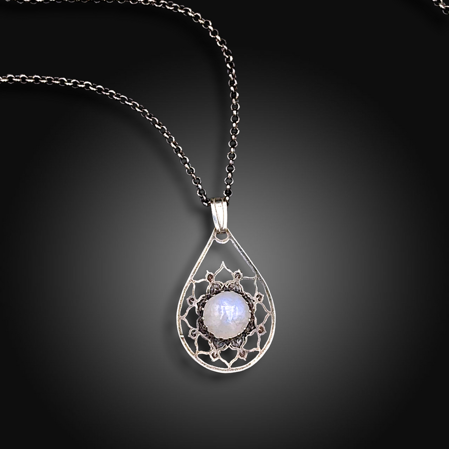 TWILIGHT DROP: Hand-Etched Sterling Silver Necklace with Rainbow Moonstone