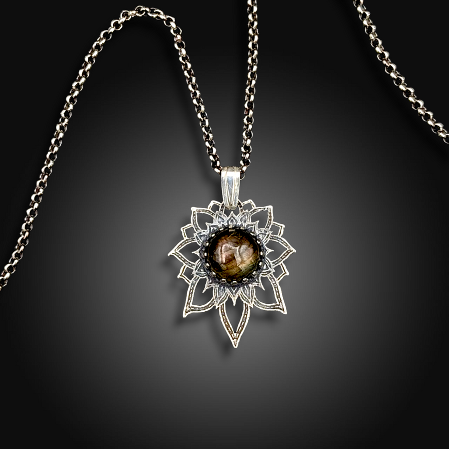WILD LIGHT: Hand-Etched Sterling Silver Necklace with Labradorite