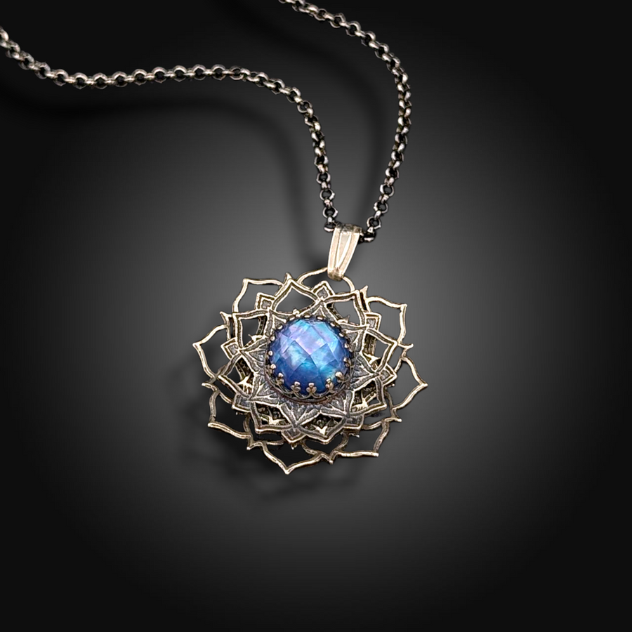 OCEANIC ORBIT: Hand-Etched Spinning Mandala Necklace with Mother of Pearl