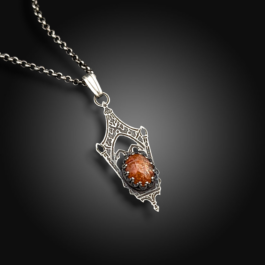 SANCTUM IGNIS: Hand-Etched Sterling Silver Necklace with Sunstone