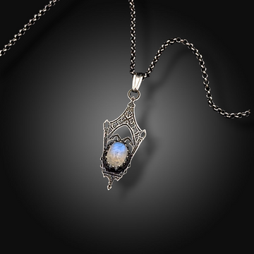 LUNARIA: Hand-Etched Sterling Silver Necklace with Rainbow Moonstone