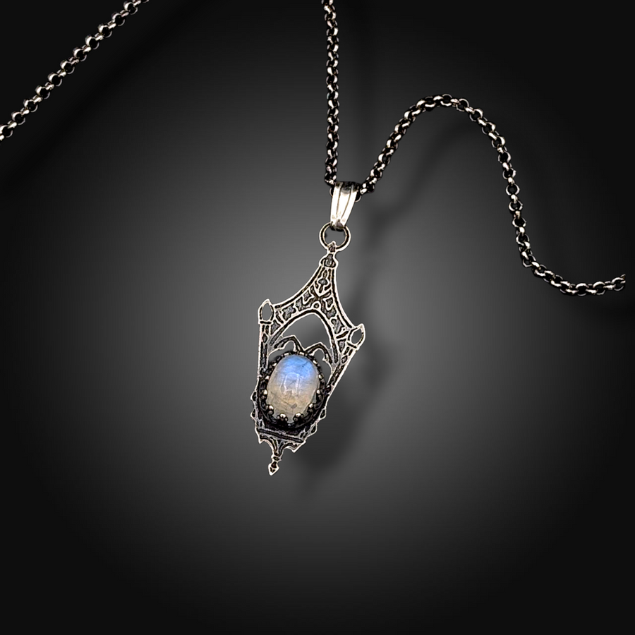 LUNARIA: Hand-Etched Sterling Silver Necklace with Rainbow Moonstone