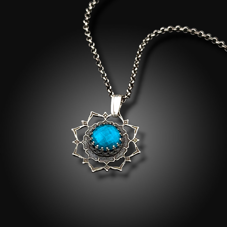 CELESTIAL DRIFT: Hand-Etched Sterling Silver Necklace with Teal Tourmaline