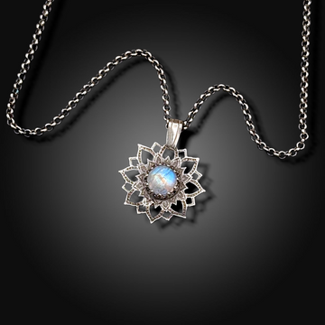 LUNAR HALO: Hand-Etched Sterling Silver Necklace with Rainbow Moonstone