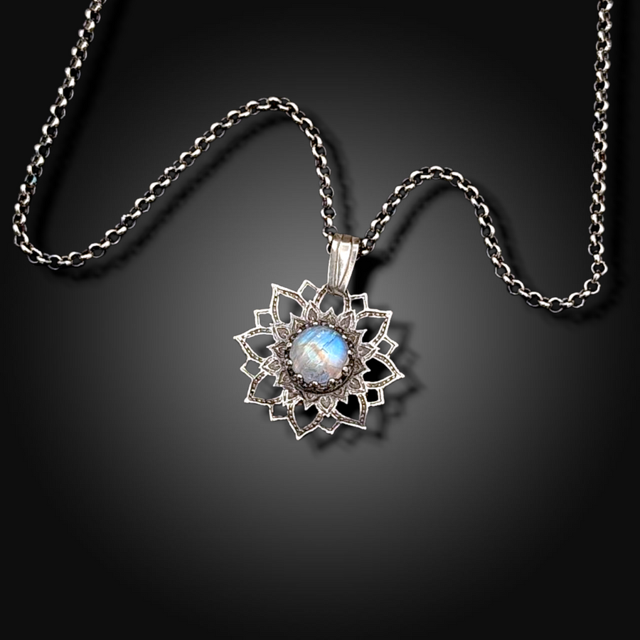 LUNAR HALO: Hand-Etched Sterling Silver Necklace with Rainbow Moonstone