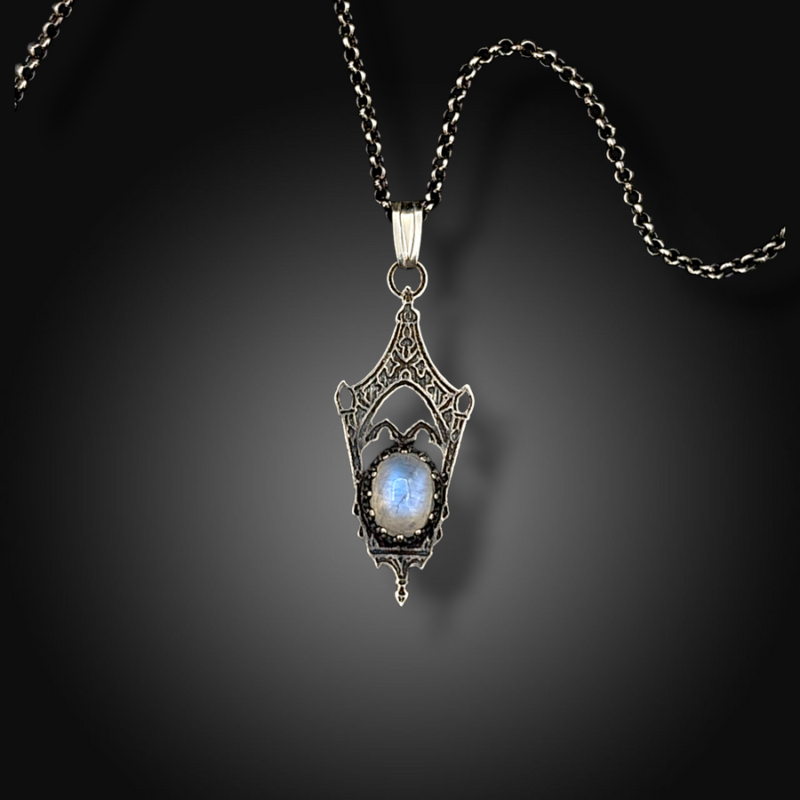 LUNARIA: Hand-Etched Sterling Silver Necklace with Rainbow Moonstone