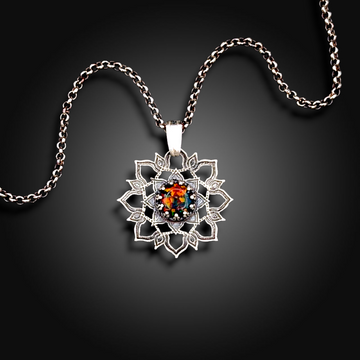 TORCHFLOWER: Hand-Etched Sterling Silver Necklace with Mexican Fire Opal