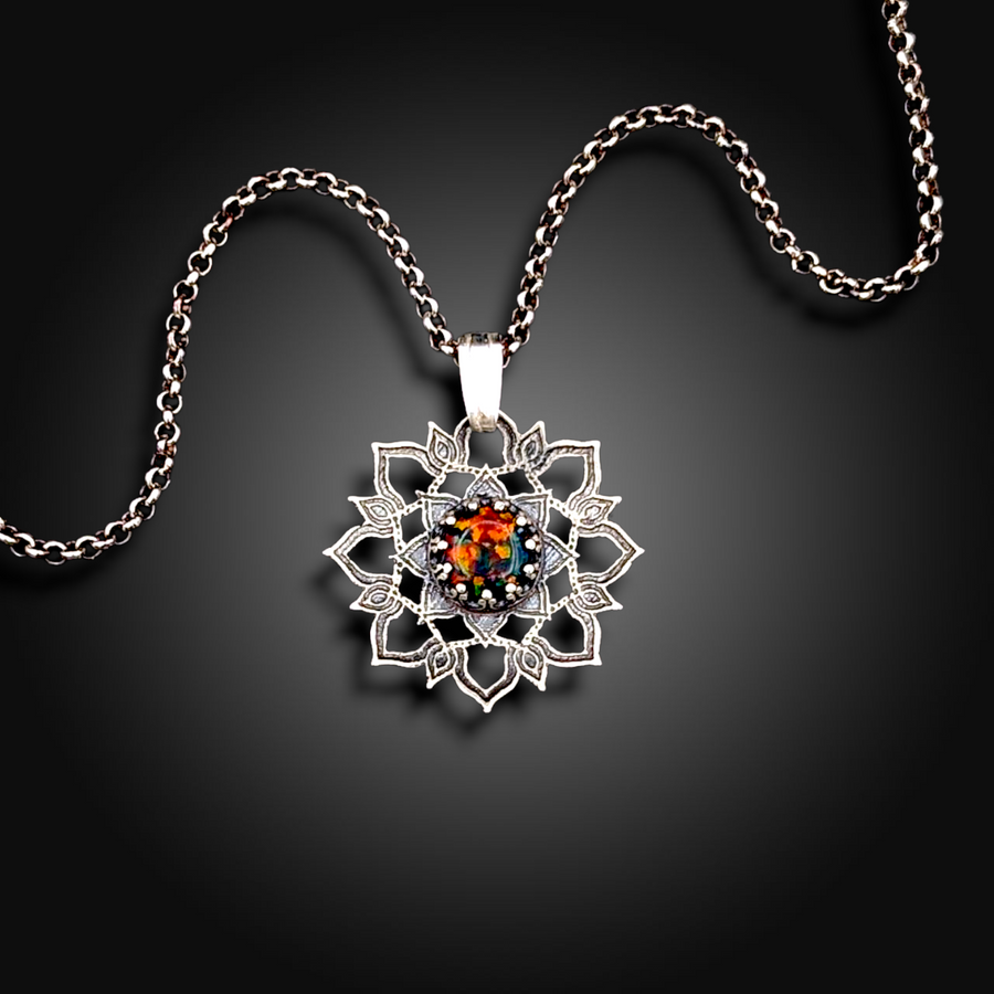 TORCHFLOWER: Hand-Etched Sterling Silver Necklace with Mexican Fire Opal