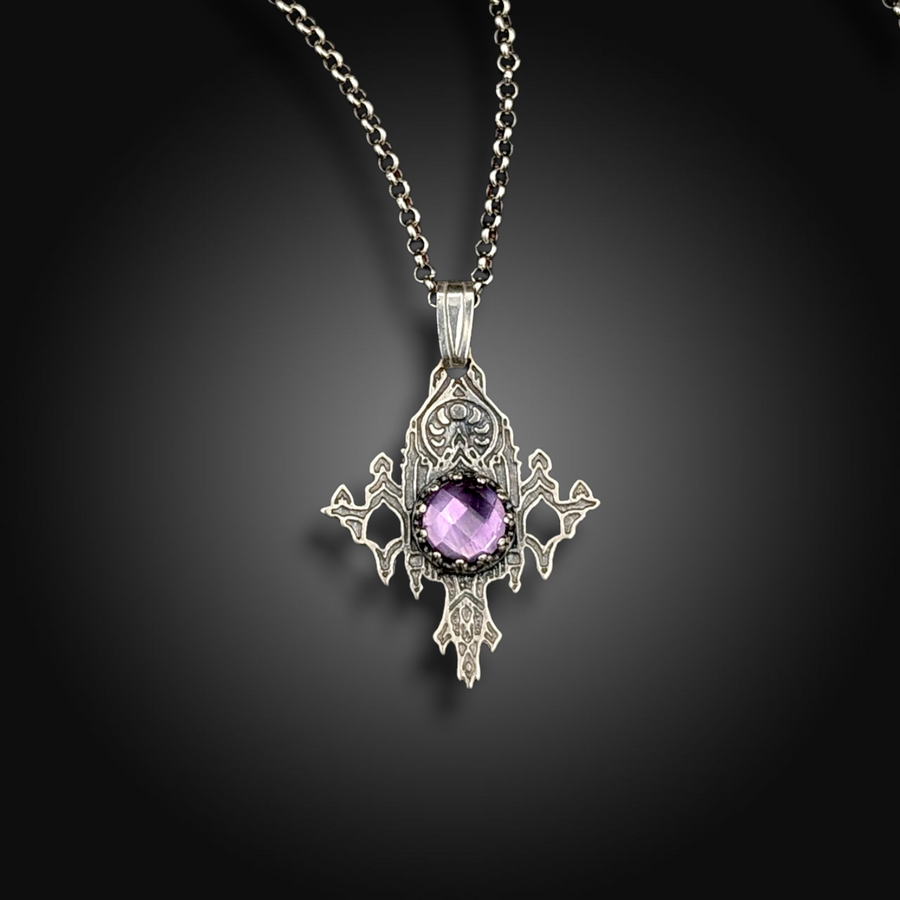 LUMEN NOCTIS: Hand-Etched Sterling Silver Necklace with African Amethyst