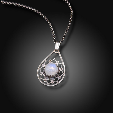 TWILIGHT DROP: Hand-Etched Sterling Silver Necklace with Rainbow Moonstone