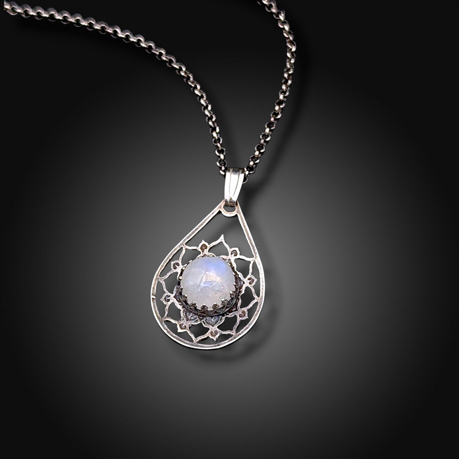 TWILIGHT DROP: Hand-Etched Sterling Silver Necklace with Rainbow Moonstone