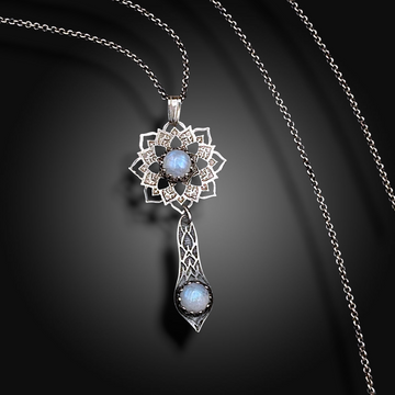MOON DANCER: Hand-Etched Sterling Silver Necklace with Rainbow Moonstone