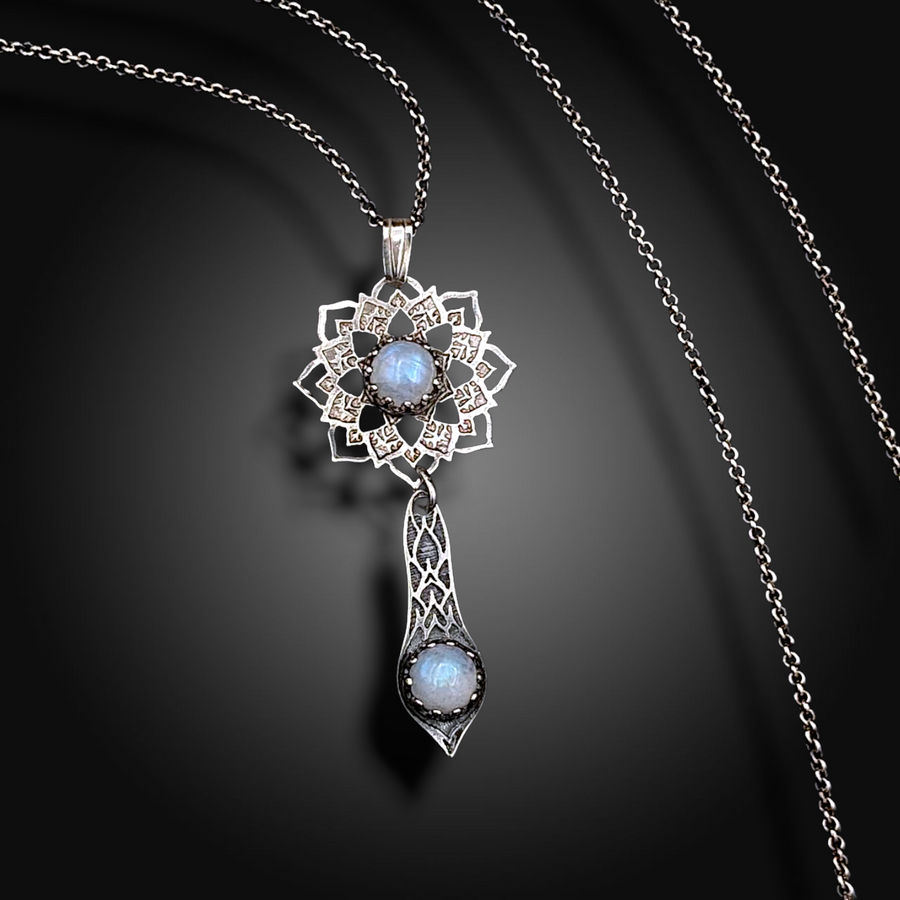 MOON DANCER: Hand-Etched Sterling Silver Necklace with Rainbow Moonstone