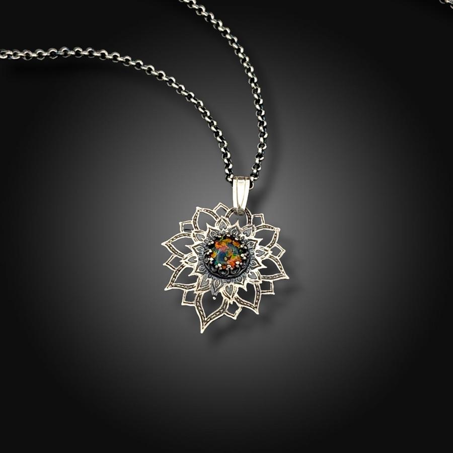 SOLAR FLARE: Hand-Etched Sterling Silver Necklace with Mexican Fire Opal