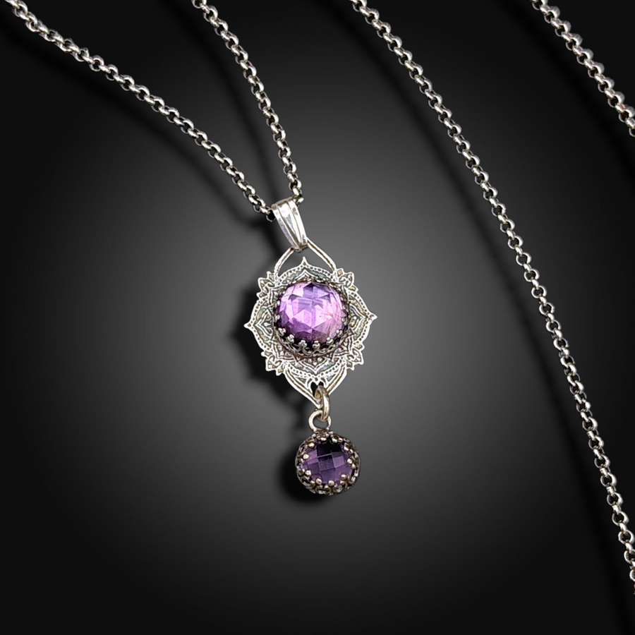 QUEEN'S SHADOW: Hand-Etched Sterling Silver Necklace with African Amethyst