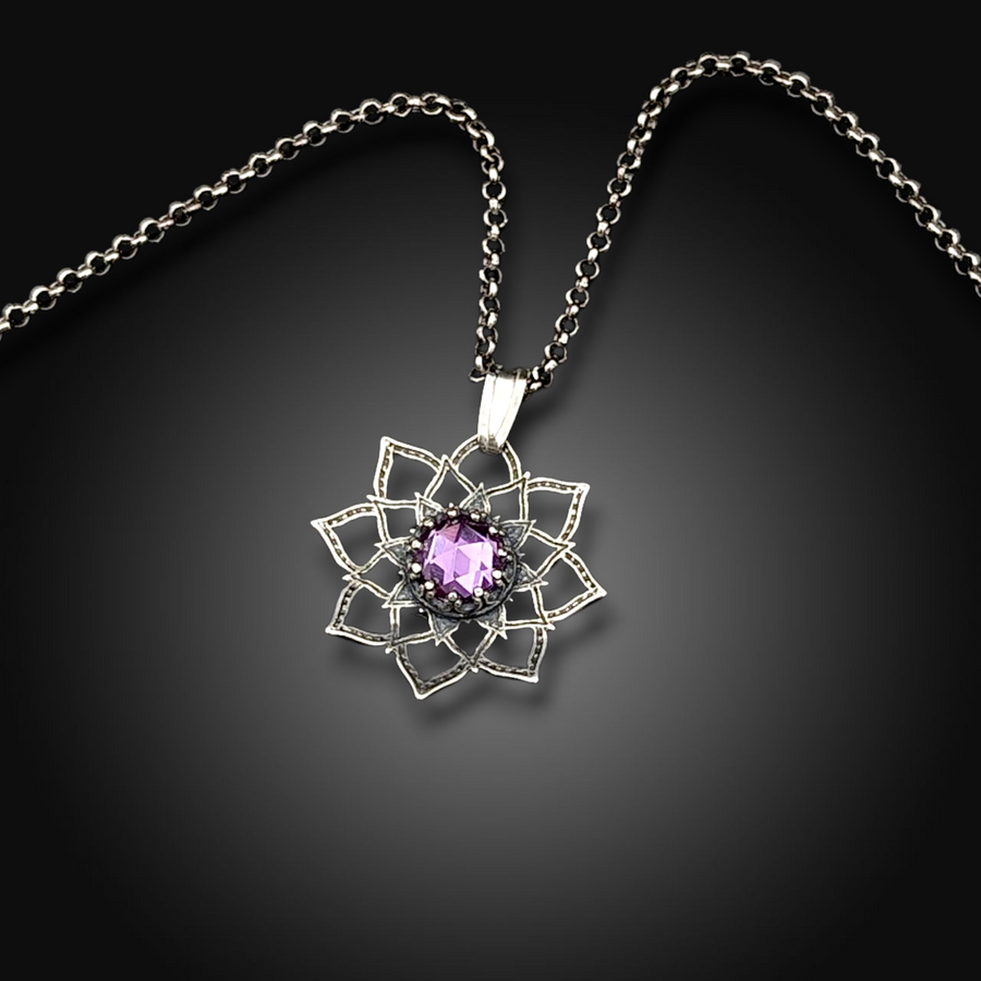 NOCTURNE ROSE: Hand-Etched Sterling Silver Necklace with Alexandrite